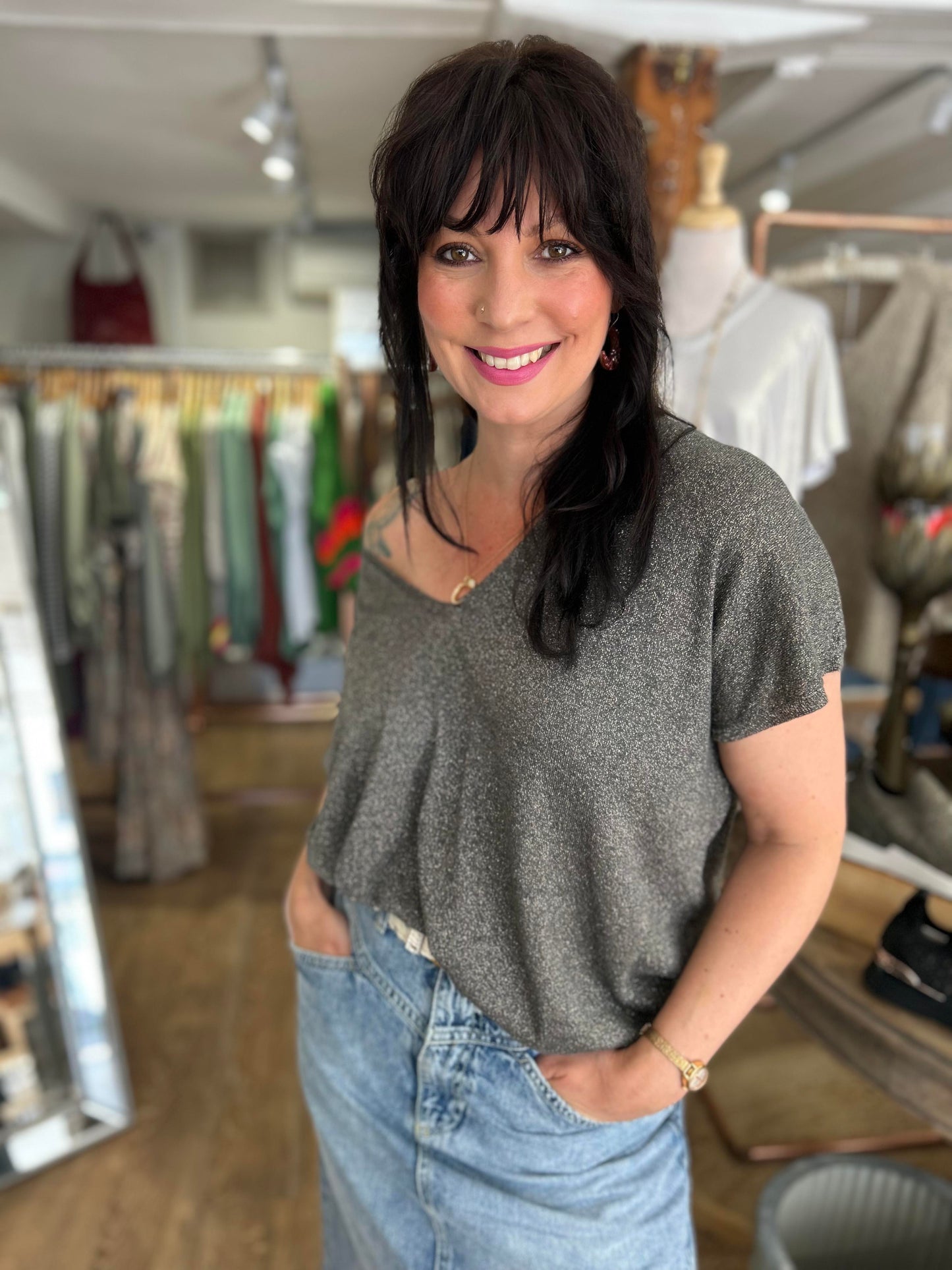 Metallic Slouch Sweater in Granite