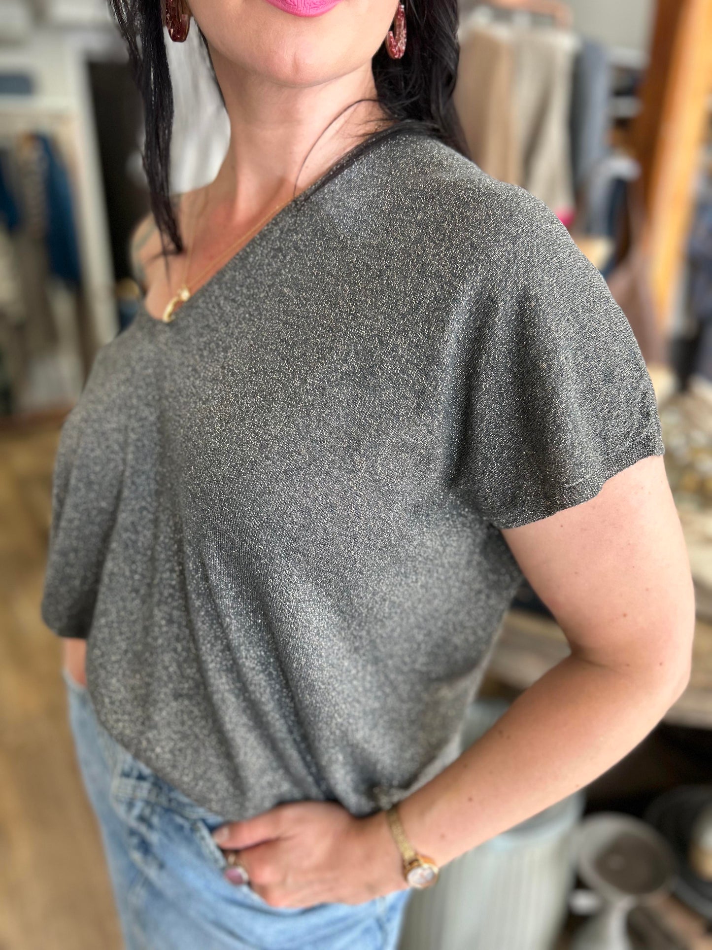 Metallic Slouch Sweater in Granite