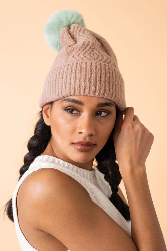 Ingrid Bobble Hat in Taupe and Aqua