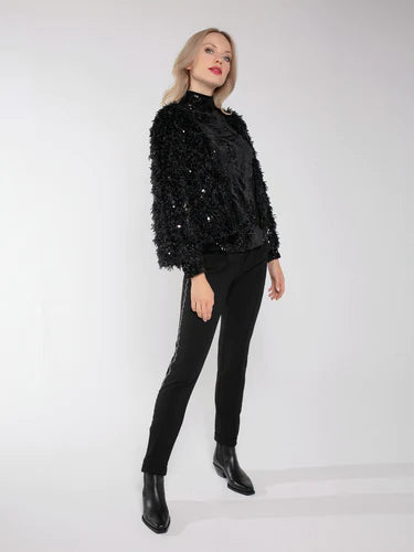 Marly Sequin and Faux Fur Kimono in Black