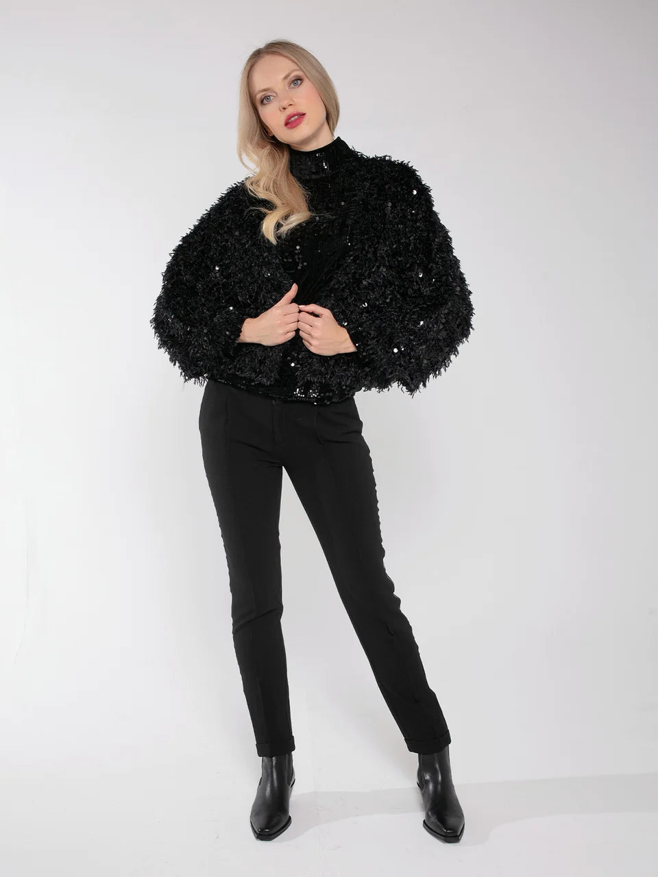 Marly Sequin and Faux Fur Kimono in Black