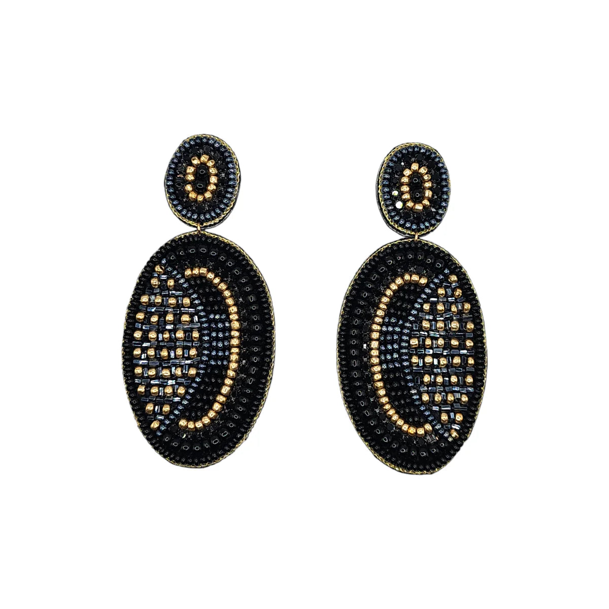 Black & Gold Mix Abstract Oval Drop Earrings