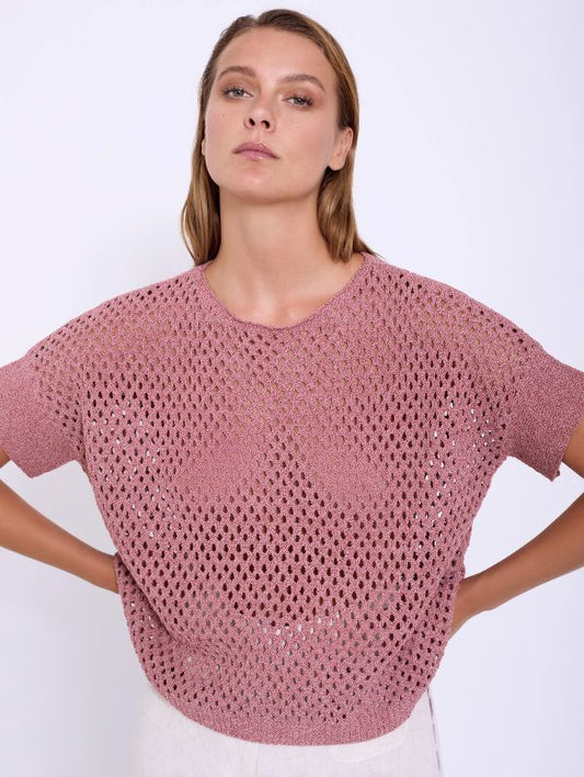Openwork Knitted Short Sleeve Jumper in Slate Rose