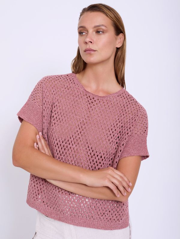 Openwork Knitted Short Sleeve Jumper in Slate Rose