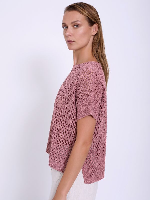 Openwork Knitted Short Sleeve Jumper in Slate Rose