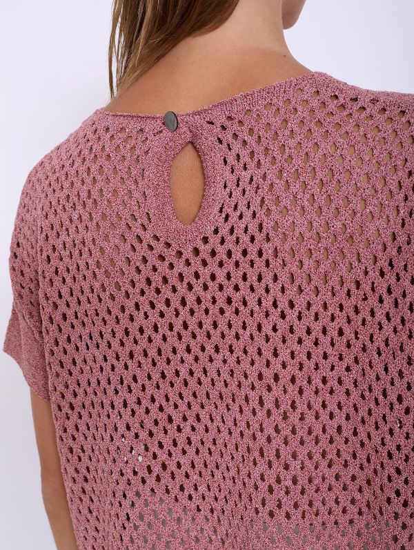 Openwork Knitted Short Sleeve Jumper in Slate Rose