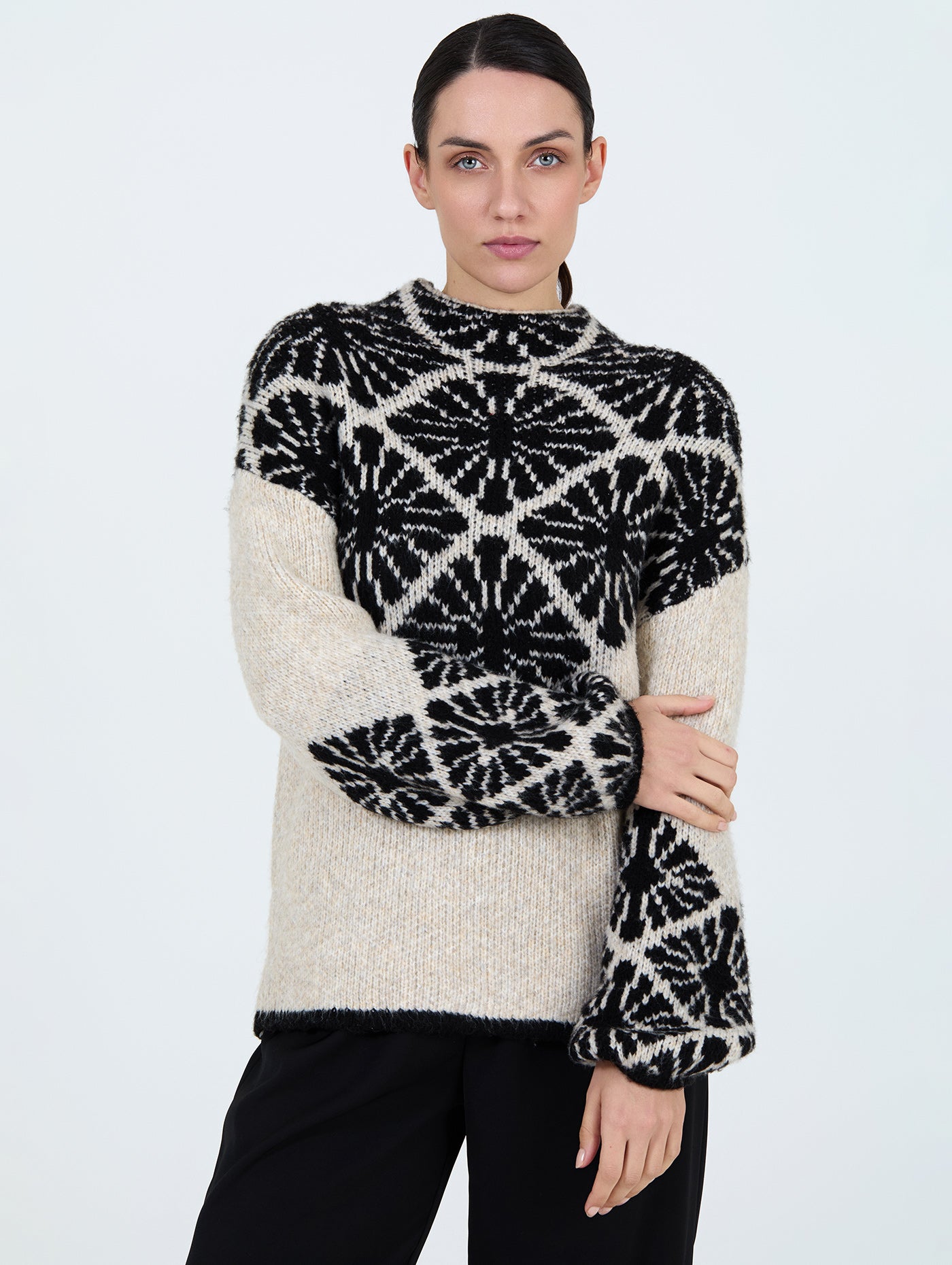 Jacquard Sweater in Oatmeal and Charcoal