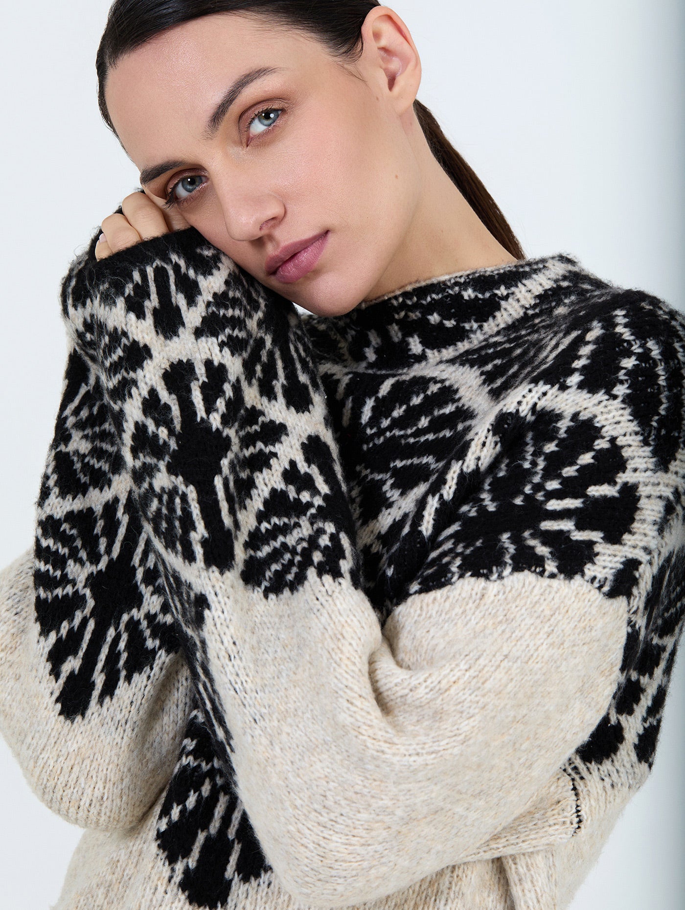 Jacquard Sweater in Oatmeal and Charcoal