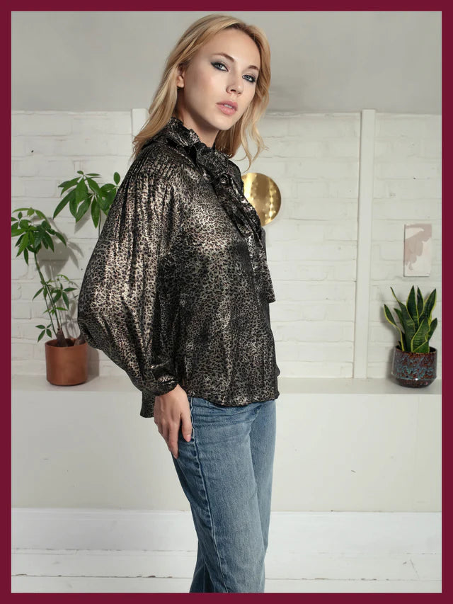 Lydia Lame Blouse In Gold Leopard
