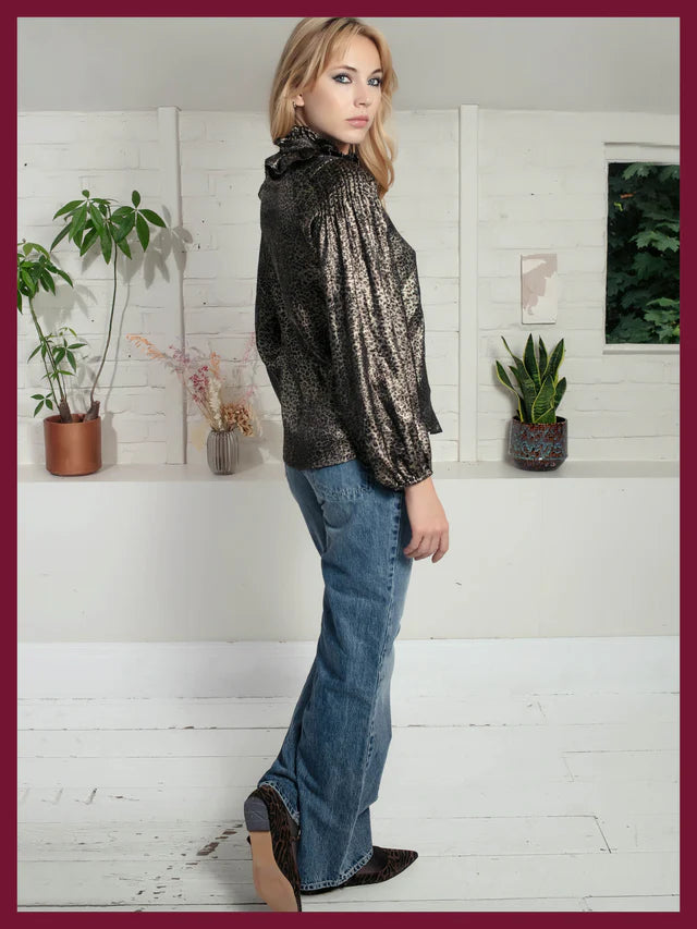 Lydia Lame Blouse In Gold Leopard