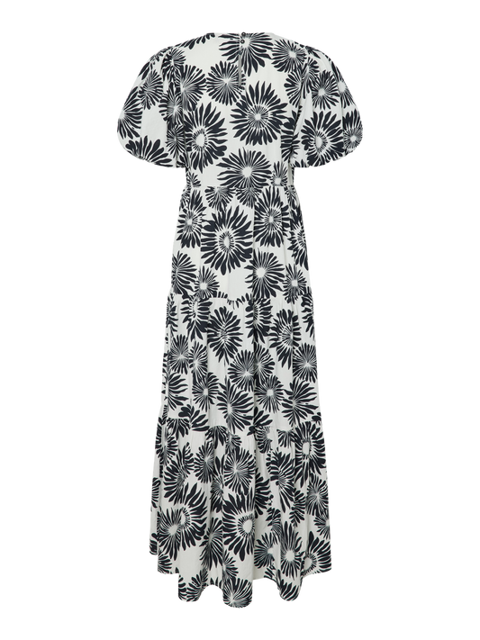 YASGREENA Short Sleeved Dress in Off White with Black Sun Print