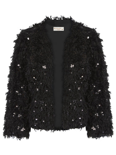 Marly Sequin and Faux Fur Kimono in Black