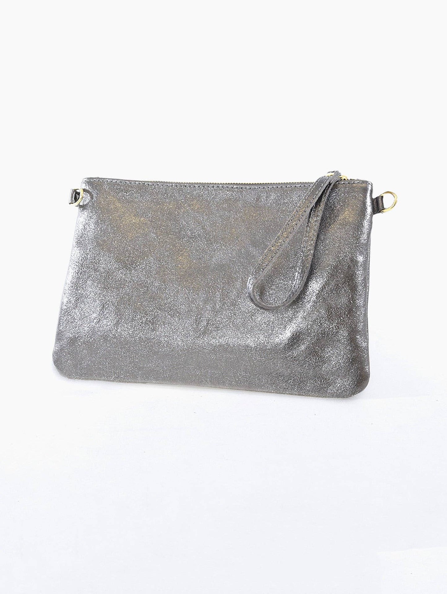 Cody Italian Leather Clutch Bag - Dark Grey, Metallic