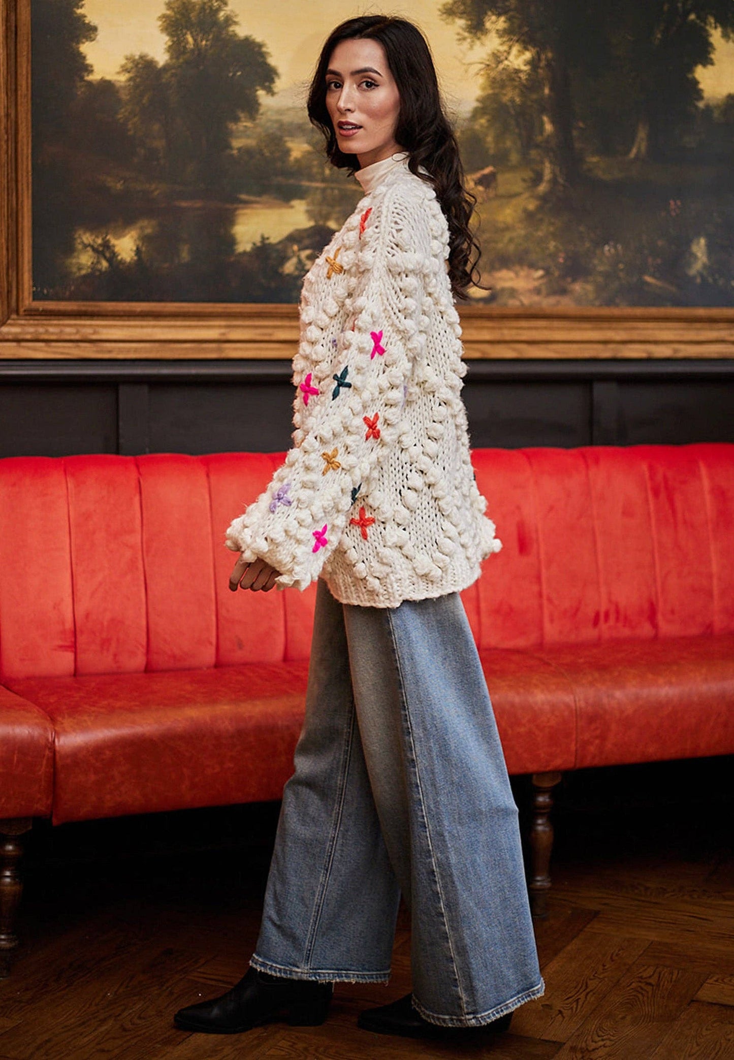 Cream Oversized Cardigan With Rainbow Stitch Detail