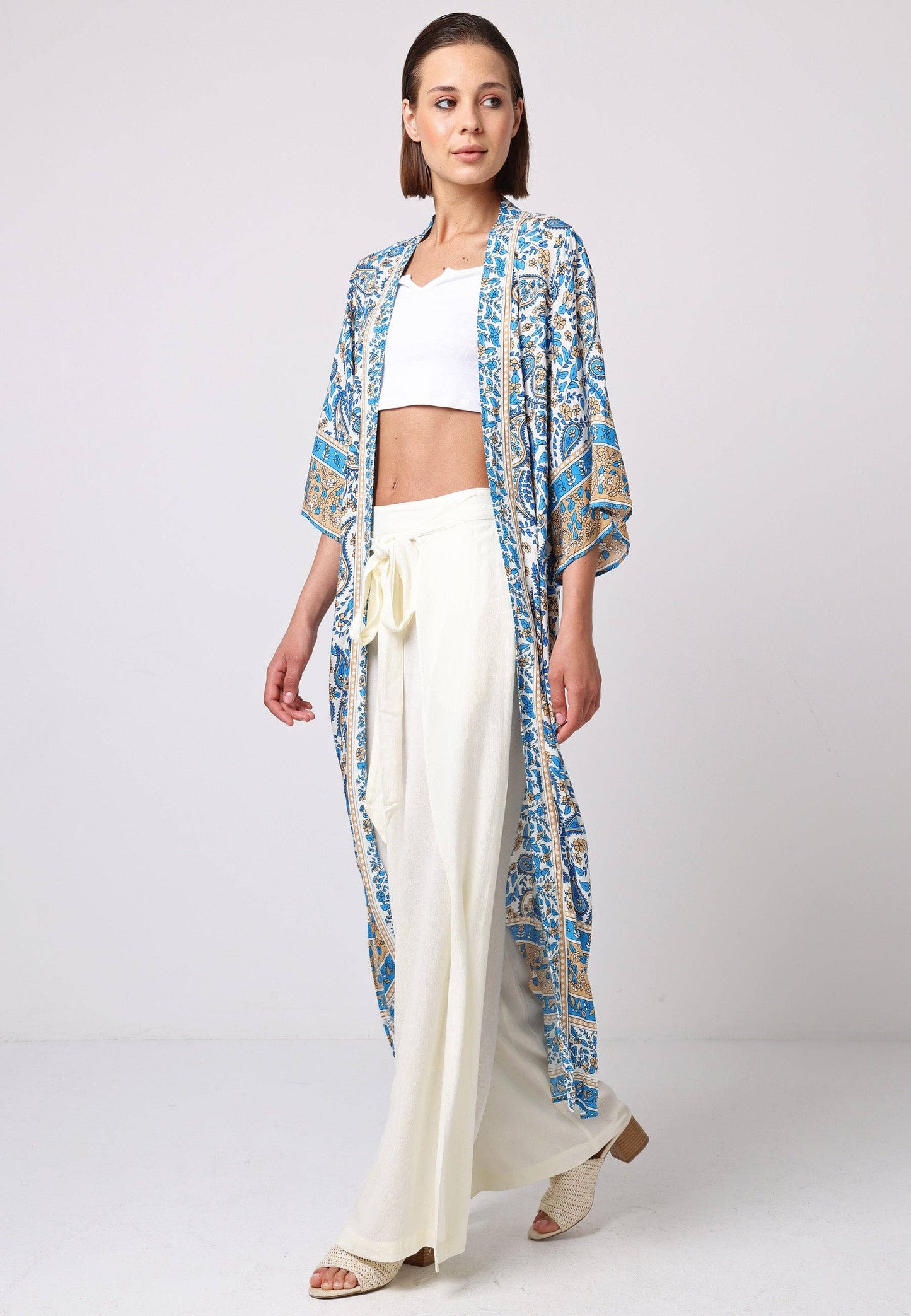 Long Sleeve Maxi Kimono in Blue Paisley Print