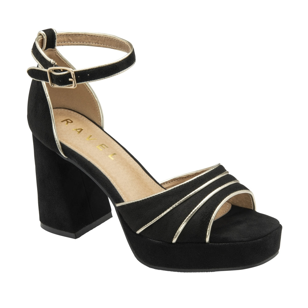 Black Imi-Suede & Gold Ornsay Heeled Sandals