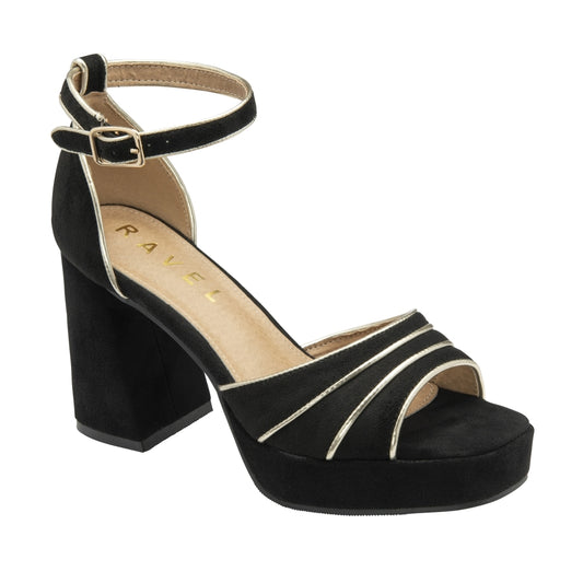 Black Imi-Suede & Gold Ornsay Heeled Sandals