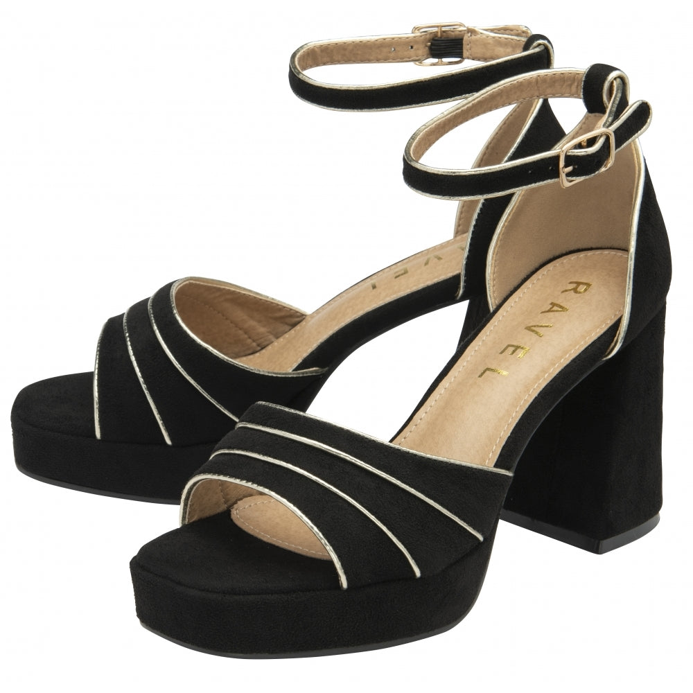 Black Imi-Suede & Gold Ornsay Heeled Sandals