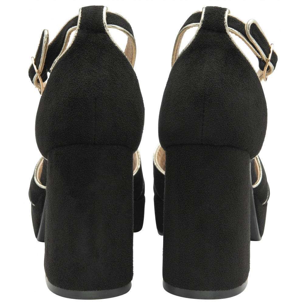 Black Imi-Suede & Gold Ornsay Heeled Sandals