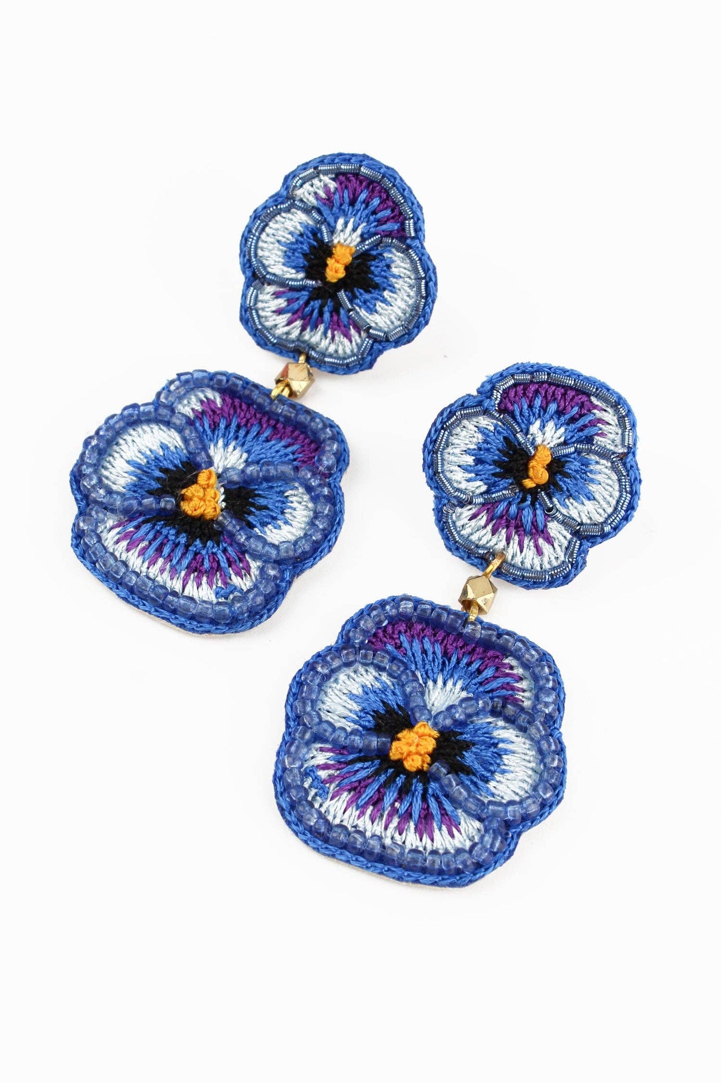 DOUBLE BLUE PANSY BEADED FLOWER EARRINGS