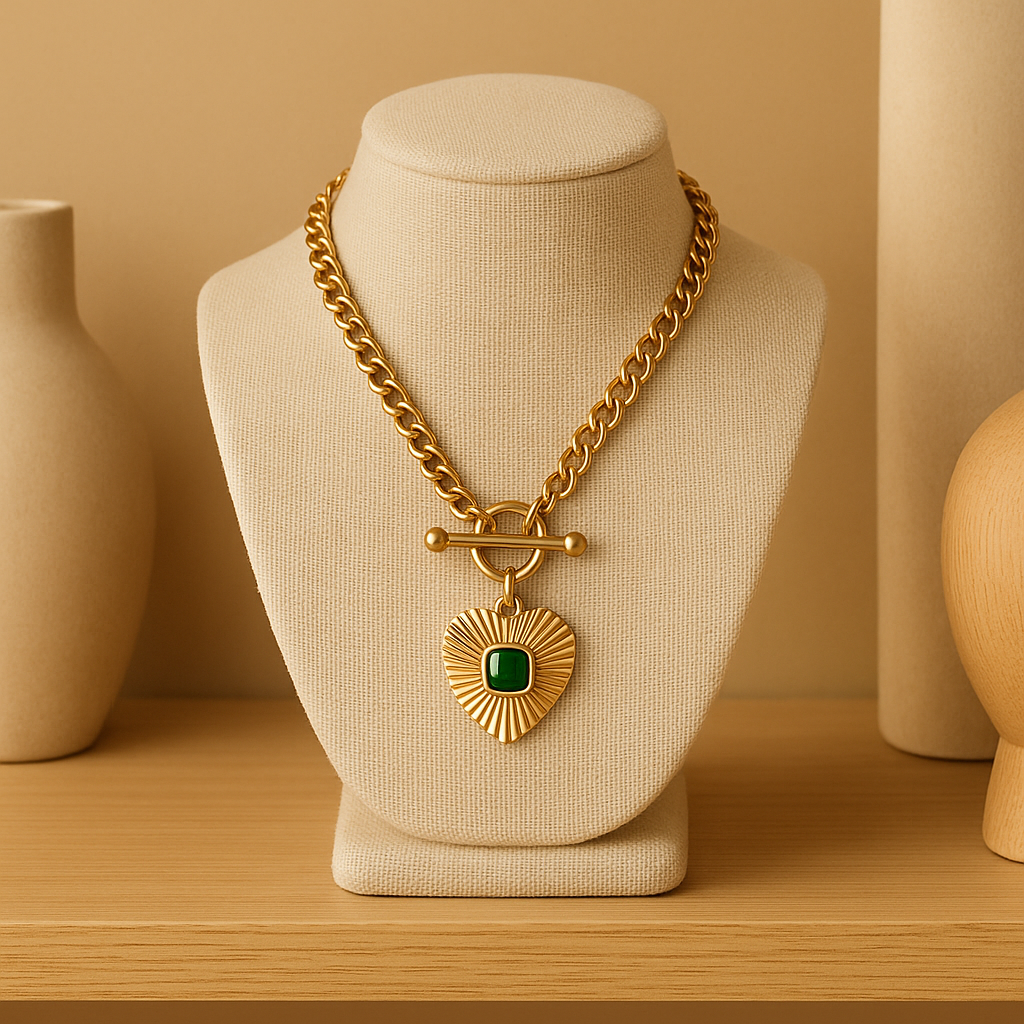18k Gold Plated Heart T Bar Pendant Green Agate Necklace