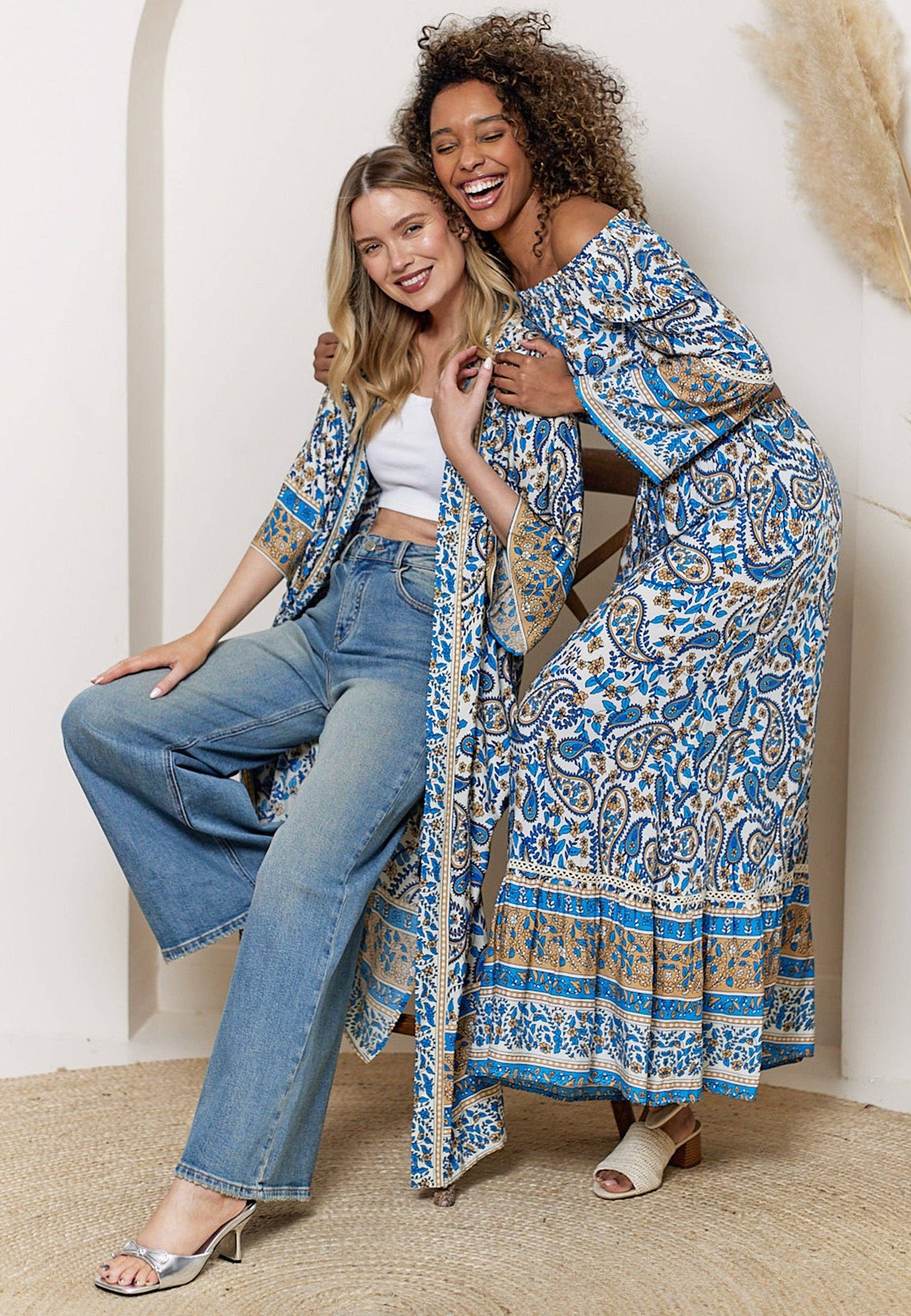 Long Sleeve Maxi Kimono in Blue Paisley Print