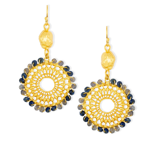 Cairo Beaded Sunburst Charm Statement Earrings - Navy Iolite and Lapis Lazuli beads