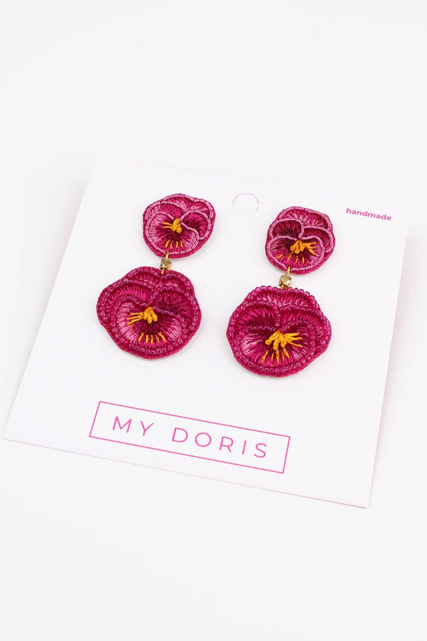 DOUBLE DARK PINK PANSY BEADED FLOWER EARRINGS