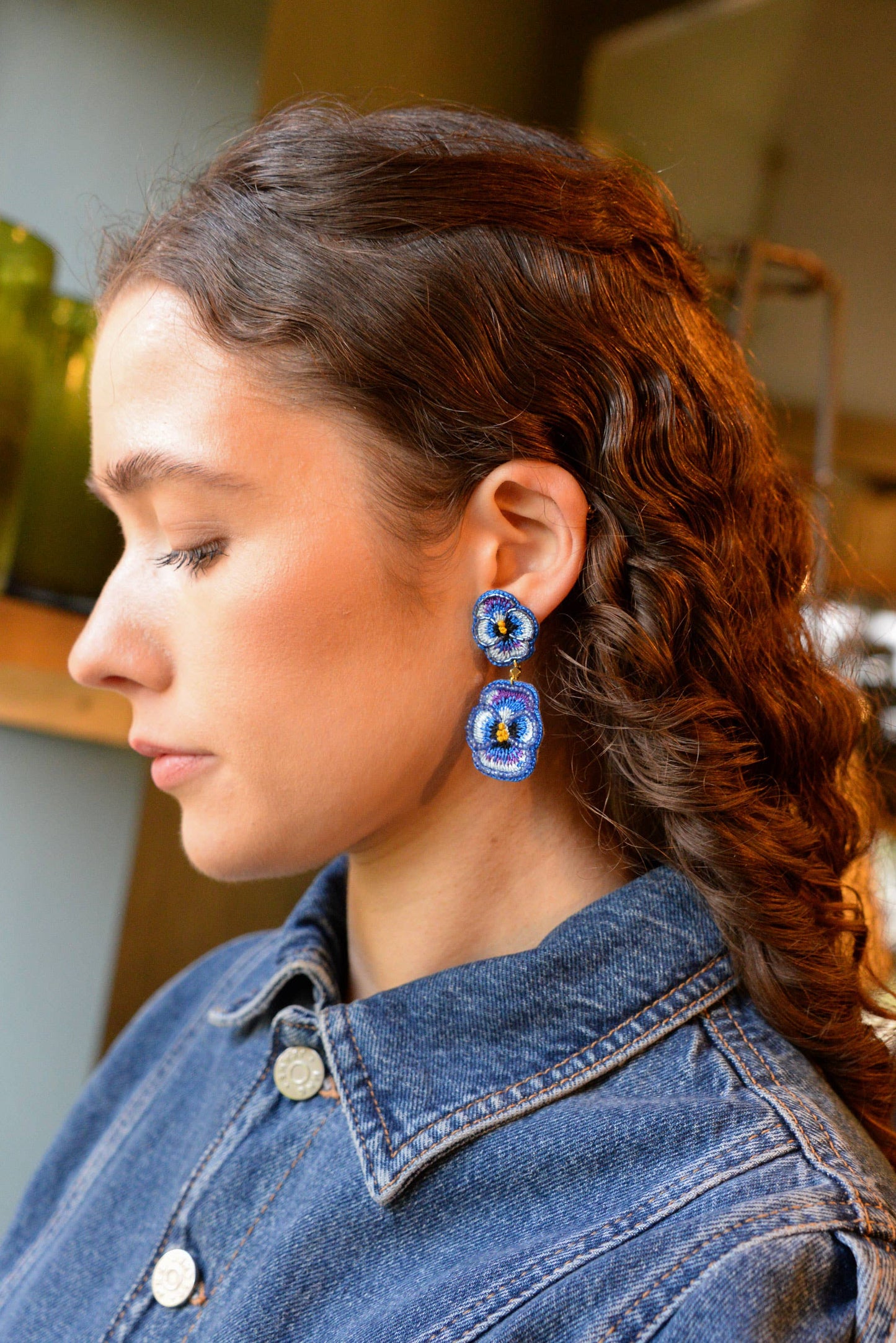 DOUBLE BLUE PANSY BEADED FLOWER EARRINGS