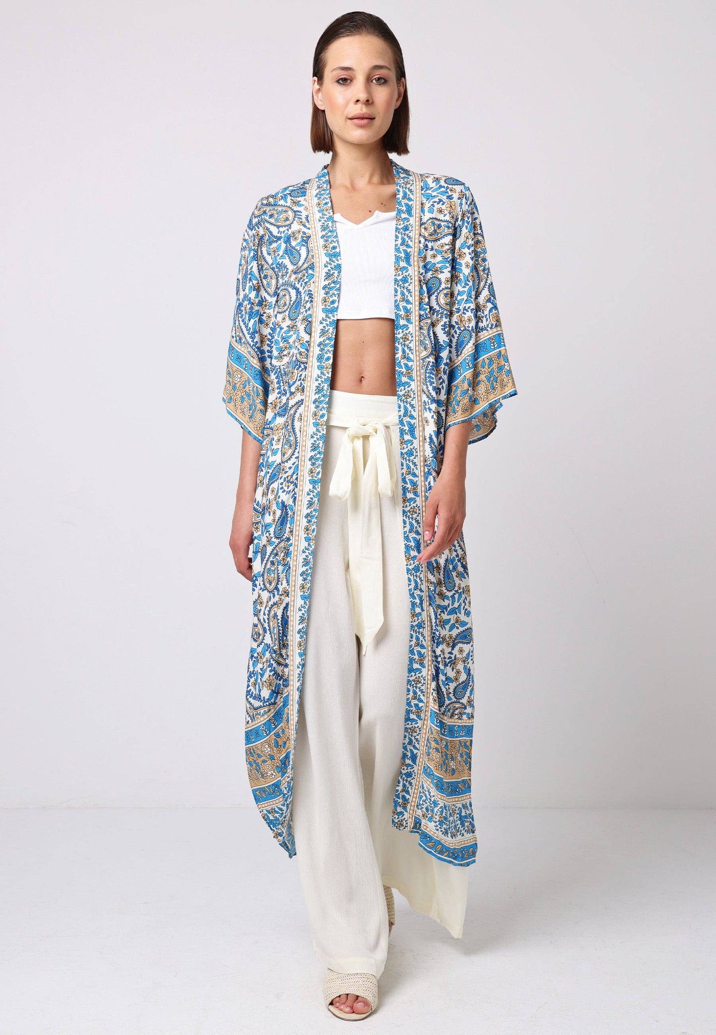 Long Sleeve Maxi Kimono in Blue Paisley Print