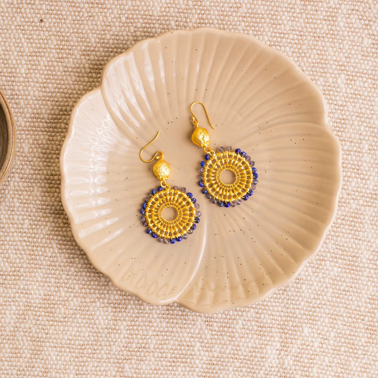 Cairo Beaded Sunburst Charm Statement Earrings - Navy Iolite and Lapis Lazuli beads