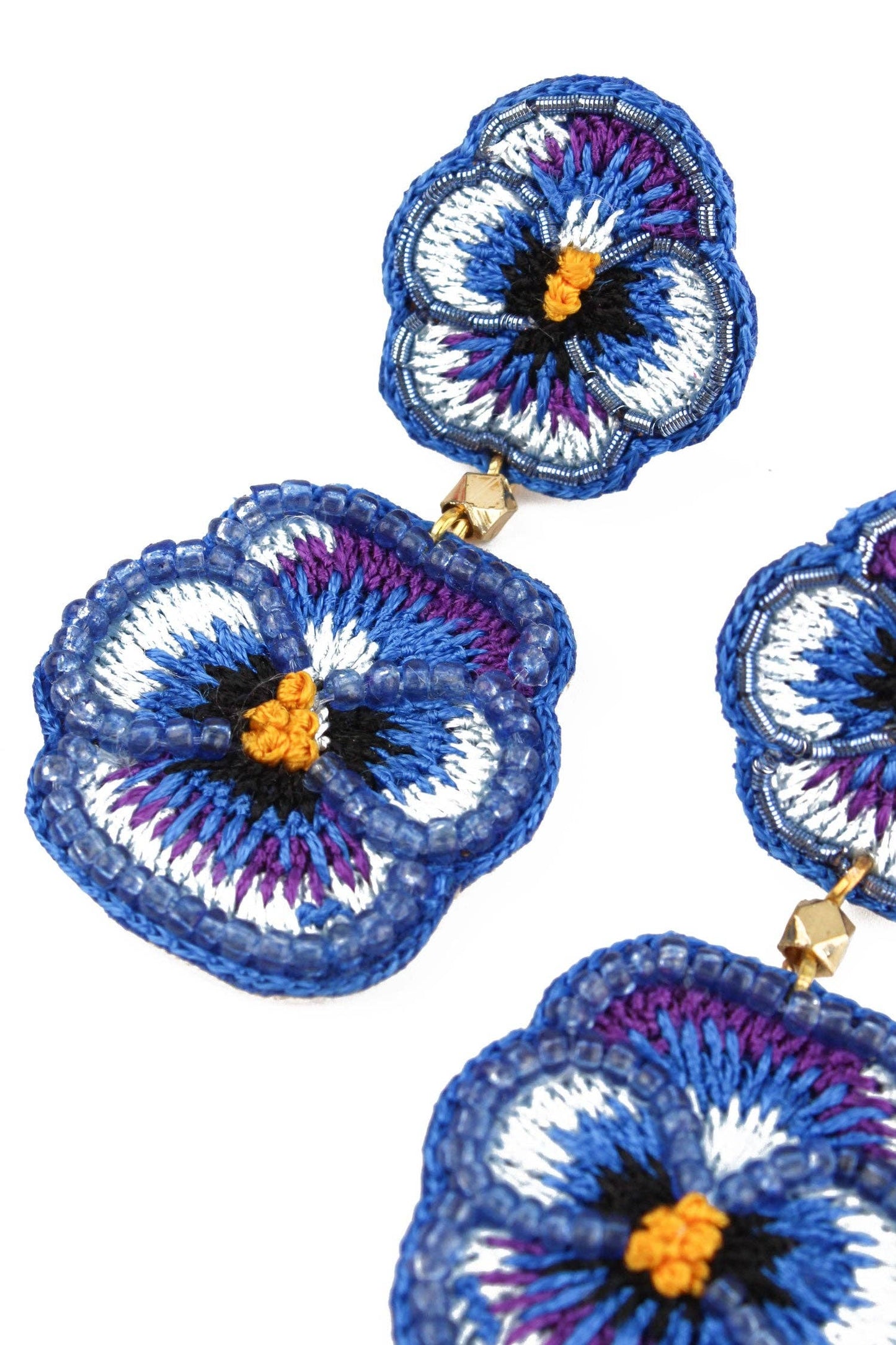 DOUBLE BLUE PANSY BEADED FLOWER EARRINGS