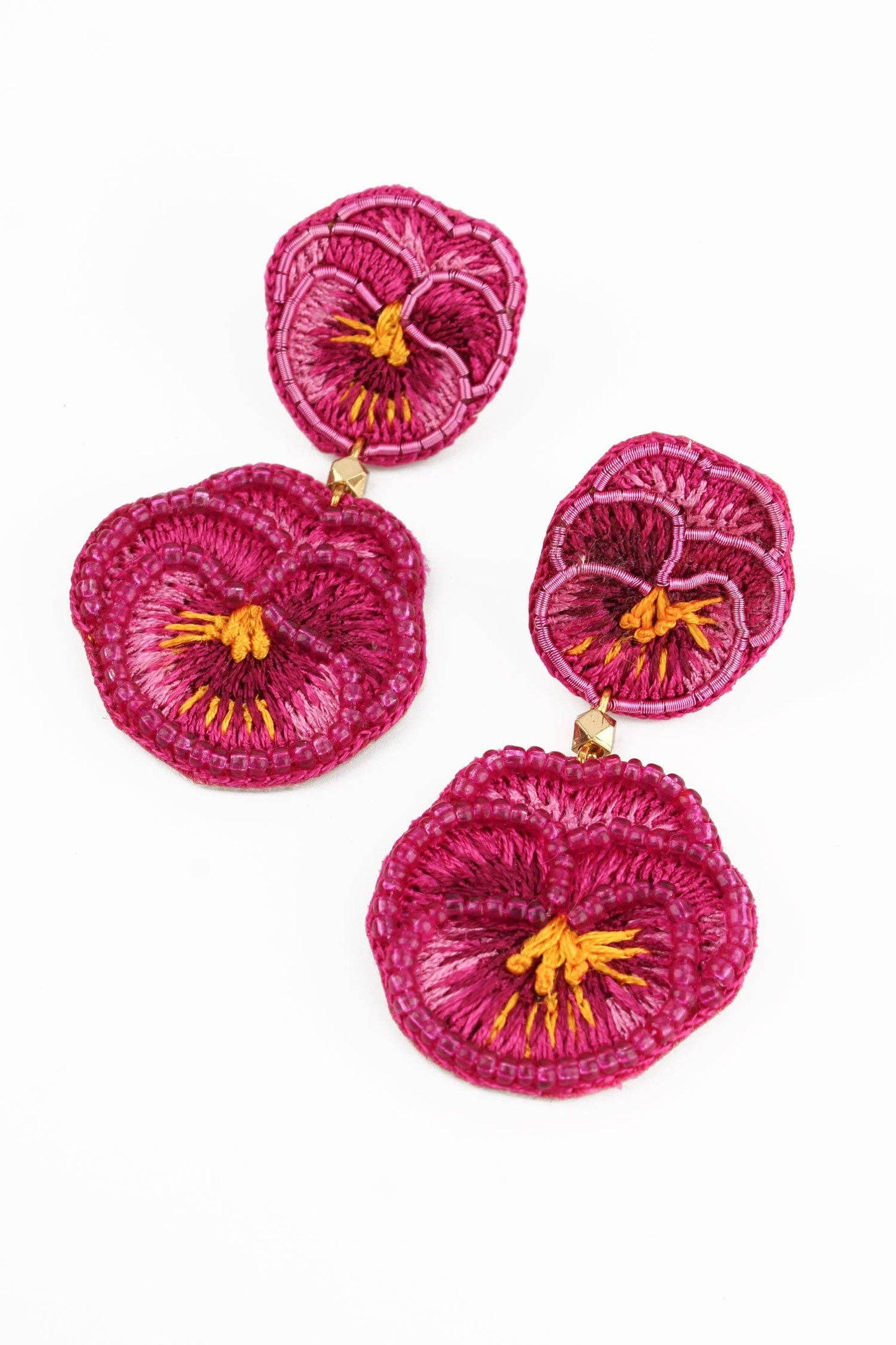 DOUBLE DARK PINK PANSY BEADED FLOWER EARRINGS