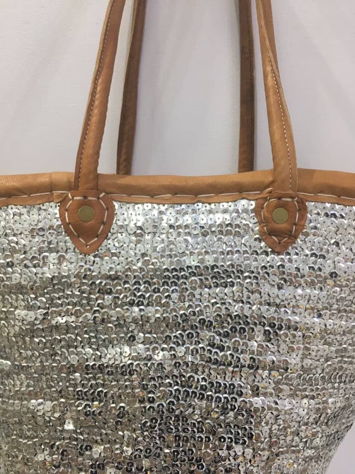 Straw Tote Bag Silver Sequined With Leather Handles