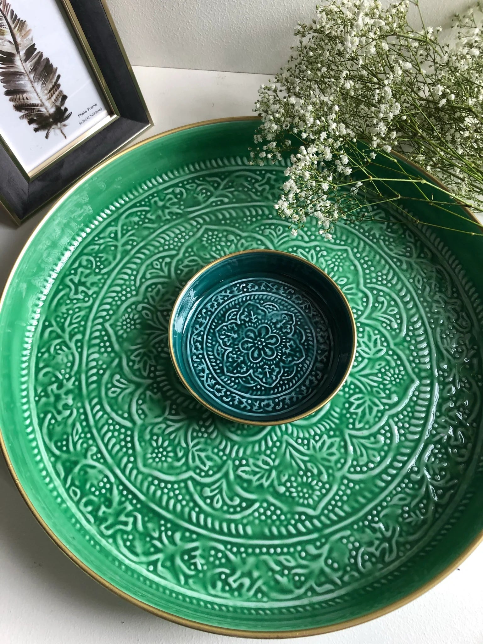 Small Round Enamel Teal Tray Luxury Bubble