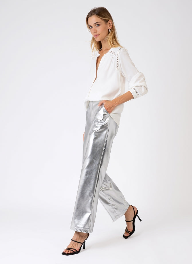 PITTY Silver Straight-Leg Trousers in Imitation Leather