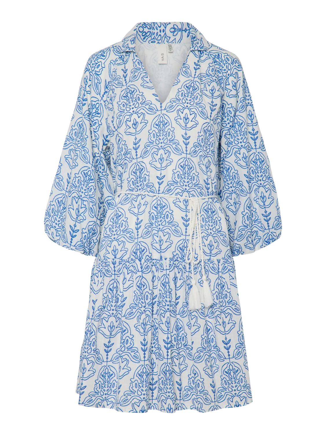 YASCINNI Short Dress in White & Blue Print