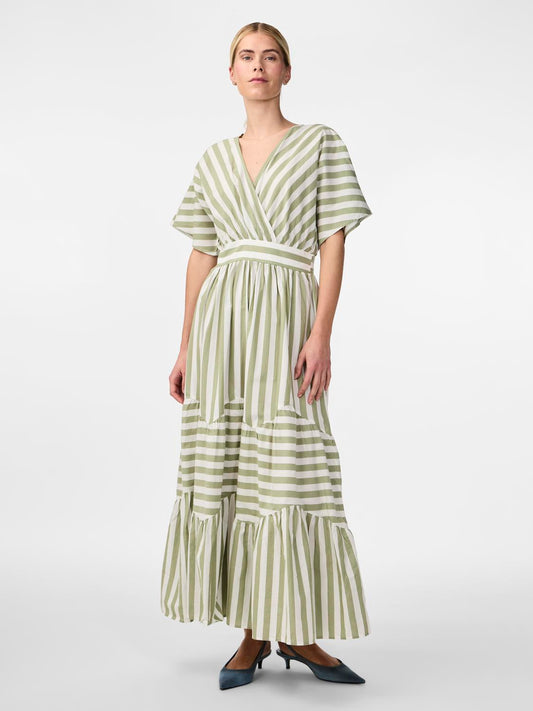 YASROOS Long Striped Dress in Green and Cream