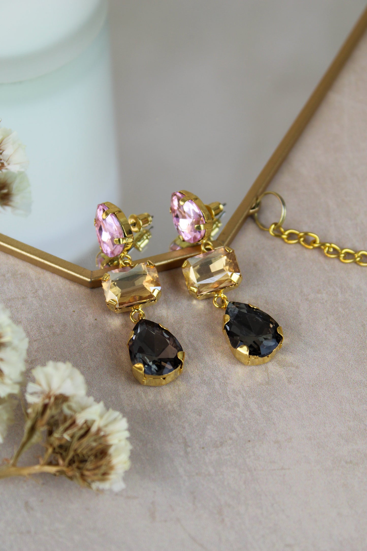 Pink, Champagne & Dusk Gem Cut Triple Earrings