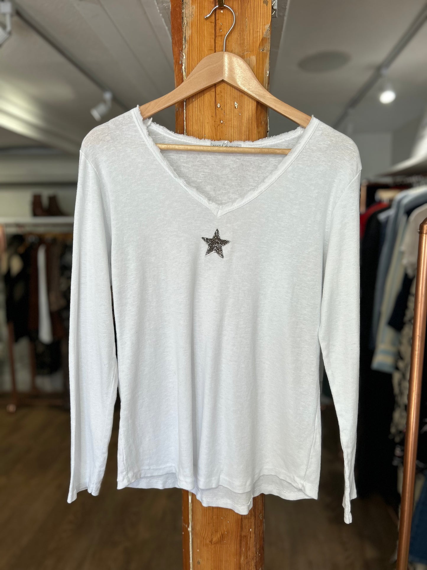 White Cotton Long Sleeved Tee with Granite Sequin Star