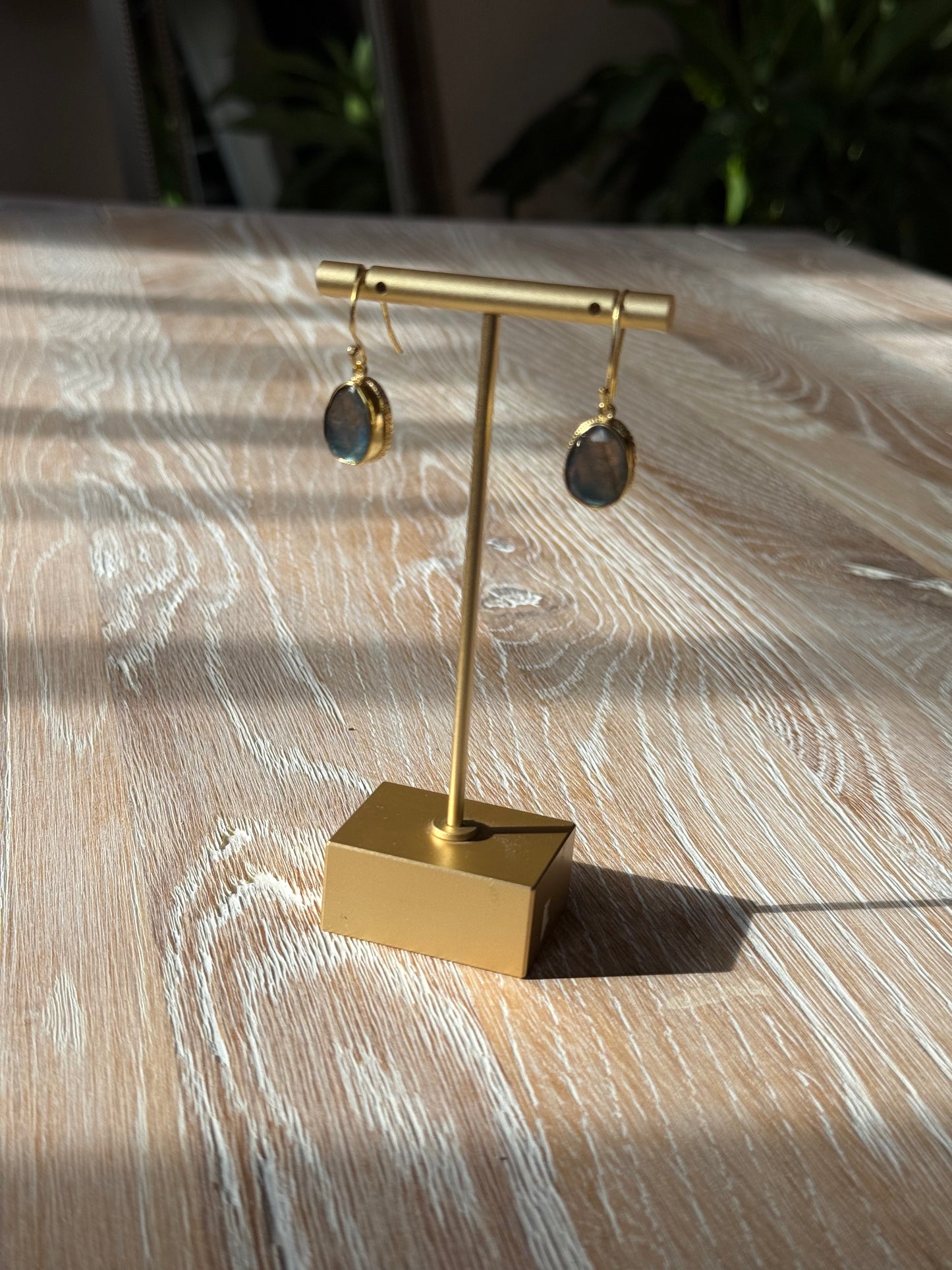 Gold Polished Brass Drop Earrings with Laboradite