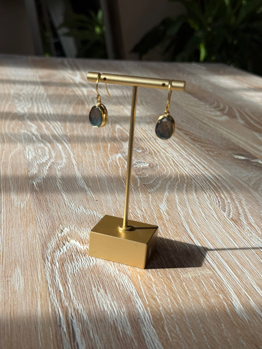Gold Polished Brass Drop Earrings with Laboradite