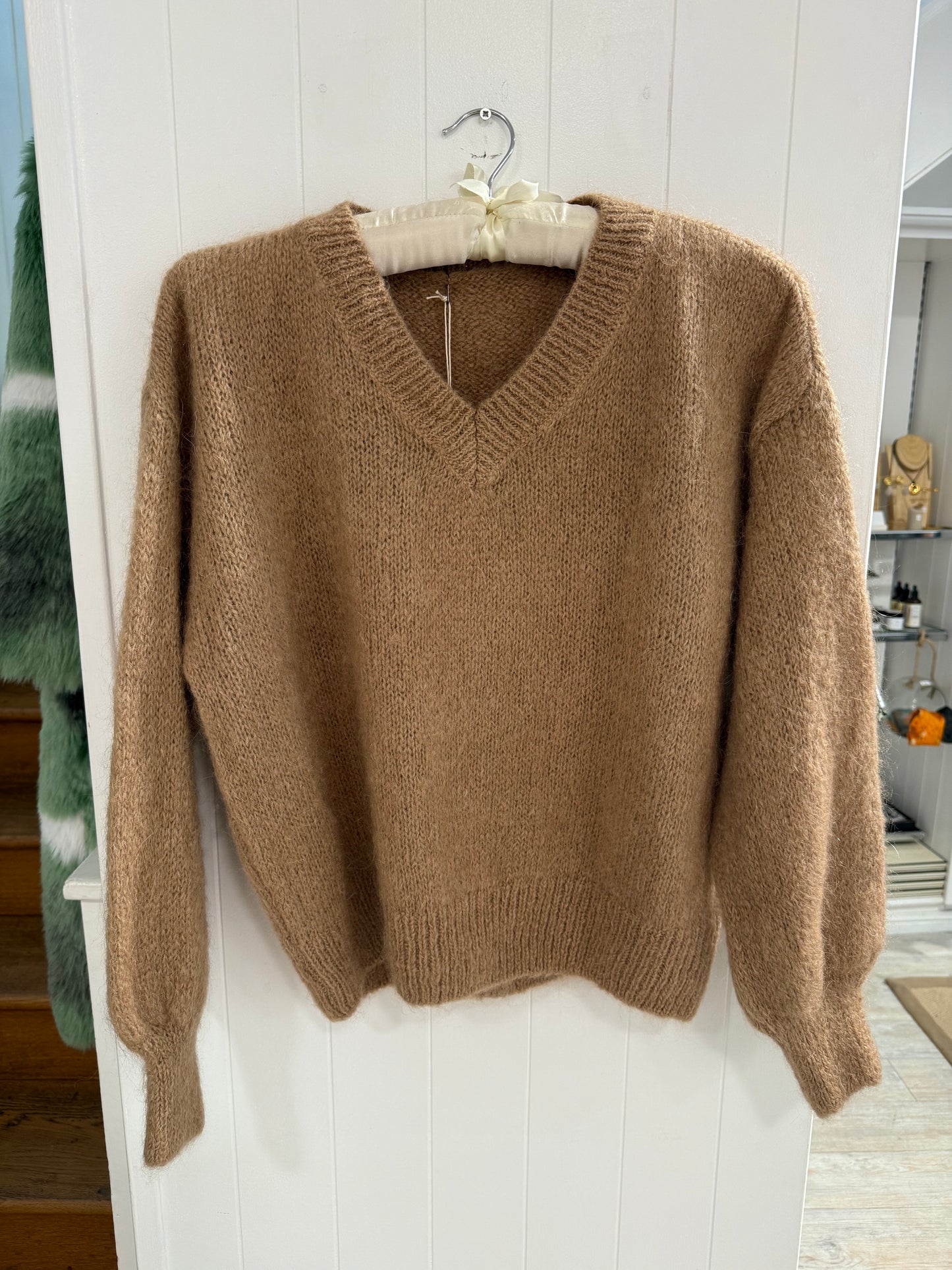 V Neck Mohair Sweater in Camel