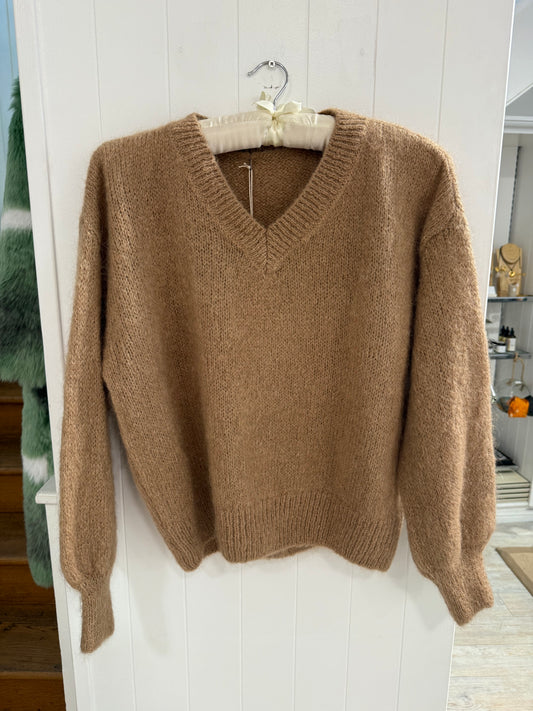 V Neck Mohair Sweater in Camel