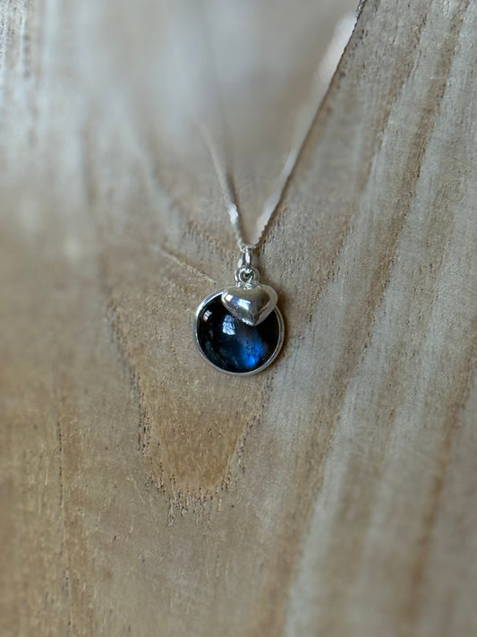 Silver Necklace with Round Labradorite Drop and Heart