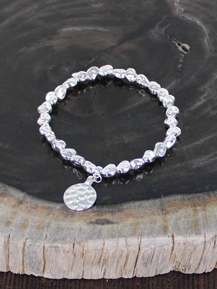 Silver Plated Elasticated Nugget Bracelet with Disc Charm
