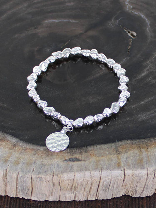 Silver Plated Elasticated Nugget Bracelet with Disc Charm