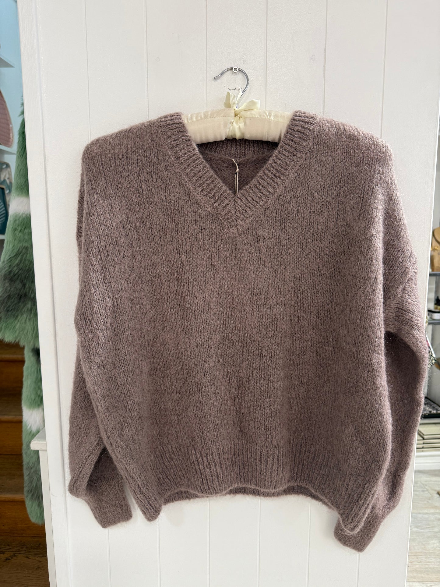 V Neck Mohair Sweater in Purple Grey