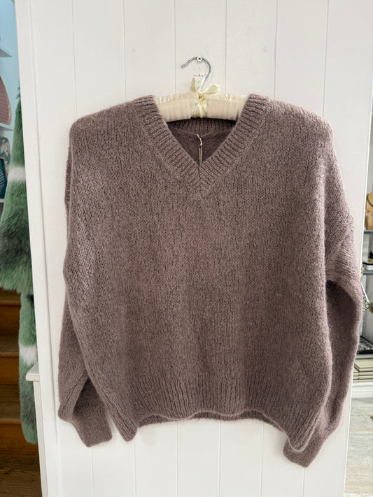 V Neck Mohair Sweater in Purple Grey