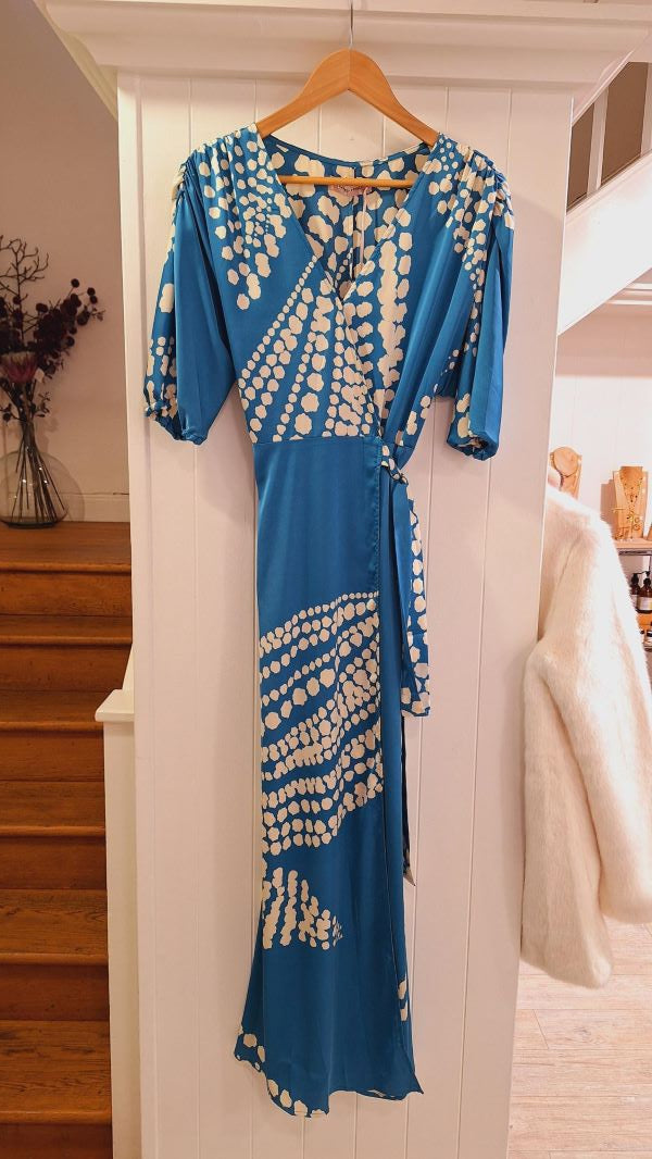 Charlie Wrap Dress in Blue & Cream Paisley Print